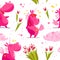 Vector flat seamless pattern with funny unicorn characters, magic cloud, spring tulip flower and heart isolated on white