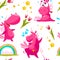 Vector flat seamless pattern with funny unicorn characters, stars, rainbow and spring tulip flower isolated on white background.