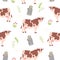 Vector flat seamless pattern with hand drawn farm domestic cow animals, floral elements and milk can isolated on white background.