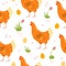 Vector flat seamless pattern with hand drawn farm domestic hen birds, eggs and flowers isolated on white background.