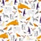 Vector flat seamless pattern with hand drawn north animals, fish, birds isolated on white background. Polar bear, owl, arctic fox.