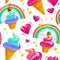 Vector flat seamless pattern with stars, rainbow, ice cream cone and heart