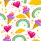 Vector flat seamless pattern with stars, rainbow, ice cream cone, magic cloud and heart