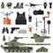 Vector flat set with army goods and accessories isolated on white. Weapon and armour, clothes and vehicles for soldier