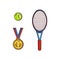 Vector flat sketch tennis ball ,racquet, medal