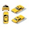 Vector flat-style cars in different views. Yellow isometric taxi