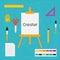 Vector flat style education art tools and school supplies : easel, brushes, pencil, paint, ruler, scissors, ink bottle