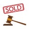 Vector flat style hand hitting wooden gavel in auction. Isolated.
