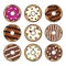 Vector flat style icons of glazed colorful donuts