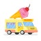 Vector flat style illustration of ice cream colorful car with bi