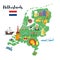 Vector flat style illustration of Netherlands map with Holland national cultural symbols.