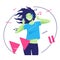 Vector flat style illustration of a pretty smiling, dancing, listening to the music young woman with headphones