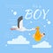 Vector flat style illustration of stork caring a newborn baby