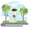 Vector flat style illustration. Young girl running in park. Sport lifestyle poster