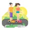 Vector flat style illustration of young man and woman riding an battery-powered electric vehicle in a park.