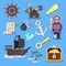 Vector flat style set of icon: pirate ship, treasure chest, map.
