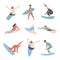 Vector flat style set of surfing boy and girl surfers abstract mosaic stylized. Minimalism design off wave riders in different
