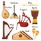 Vector flat style set of various traditional folk musical instruments.