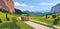 Vector flat summer landscape illustration, wild nature view: sky, mountains, meadow, minivan rides on the road.