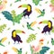 Vector flat tropical seamless pattern with hand drawn jungle monstera leaves, toucan, hummingbird, parrot birds isolated.