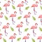 Vector flat tropical seamless pattern with hand drawn jungle monstera plants flamingo birds isolated on white background.