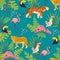 Vector flat tropical seamless pattern with hand drawn jungle plants and elements, animals, birds isolated. Toucan, flamingo, tiger