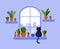 Vector flat window, cat sitting on the window sill, pots of flowers, coffee mug. Home comfort.