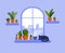 Vector flat window, cat sitting on the window sill, pots of flowers, coffee mug. Home comfort.