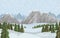 Vector flat winter landscape with mountains and forest and falling snow