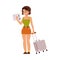 Vector flat woman tourist with travel bag suitcase