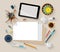 Vector flat workplace mockup top view: tablet, paper, creative