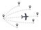 Vector flight path of an airplane from one point to another, airport. Dotted line with aircraft silhouette and direction of travel