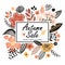 Vector floral banner sale autumn illustration in trend colors. Flat flowers, petals, leaves with and doodle elements