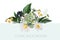 Vector floral bouquet design: garden chamomile camomile flower, berries branch, green leaves.