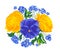 Vector floral composition with Buttercups, Ranunculus, Pansies, Violas, Forget-me-nots.