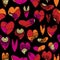 Vector Floral Hearts in Pink Orange Red Yelllow on Black Background Seamless Repeat Pattern. Background for textiles