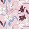 Vector floral lily pattern. Spring hand drawn botanical exotic background. Flora leafs texture. Pink blue viole