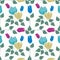 Vector Floral Medallion in Blue Pink Yellow Aqua with Green Leaves Scattered on White Background Seamless Repeat Pattern