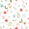 Vector floral pattern in doodle style with flowers and leaves on white background