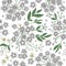 Vector floral seamless background with small white flowers. Flat trendy illustration with wormwood, leaves, branches. Repeating