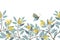 Vector floral seamless panoramic pattern, border. Blue twigs, leaves, yellow flowers, butterflies.