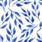 Vector floral seamless pattern with blue watercolor branches and leaves on white background