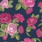 Vector floral seamless pattern with bouquets of red and pink roses on dark blue background