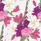 Vector floral seamless pattern with gladiolus flowers, lilies and roses