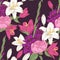 Vector floral seamless pattern with gladiolus flowers, lilies and roses