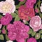 Vector floral seamless pattern with hand drawn pink and white peonies, roses in vintage style