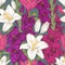 Vector floral seamless pattern with hand drawn violet gladiolus flowers and white lilies.