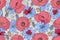 Vector floral seamless pattern. Pink, red poppies, blue chicory