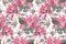 Vector floral seamless pattern. Pink roses, beige and gray leaves and butterflies on a white background.