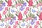 Vector floral seamless pattern. Spring flowers  green leaves  butterflies. Lupine  tufted vetch  bird vetch  calendula  marigold.